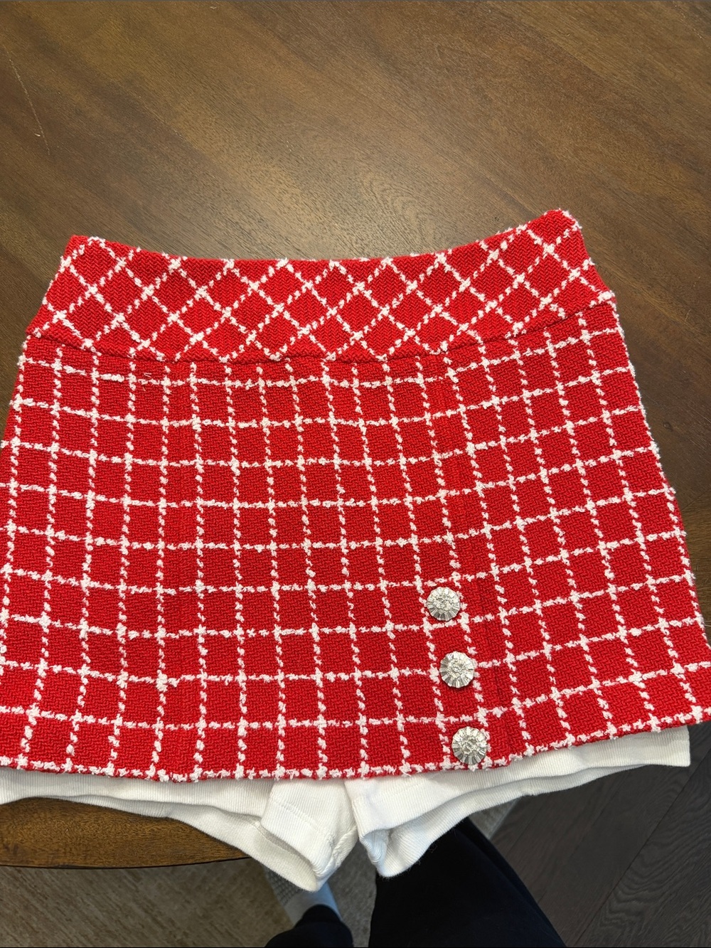 Chanel Red Check Knit tweed Mini Skirt with Decorative Buttons
